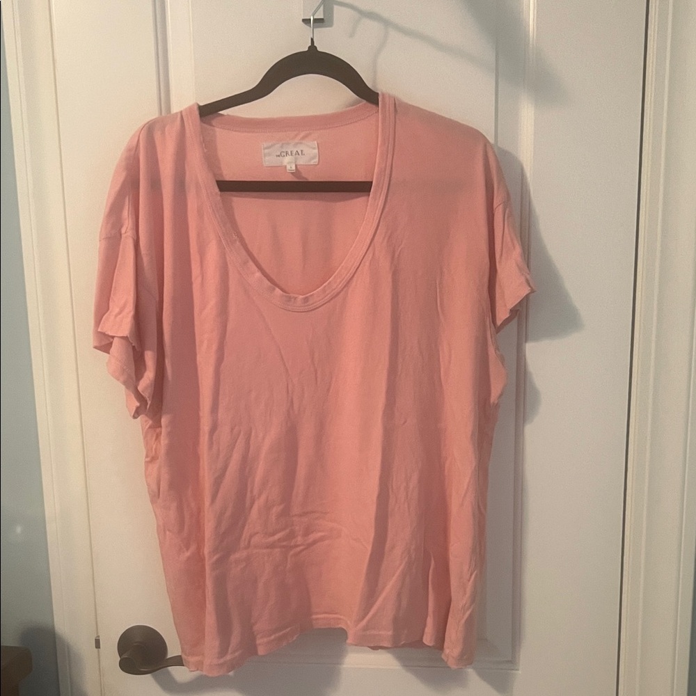 THE GREAT. Pink Short Sleeve Tee distressed 100% cotton.  Size 3 l/xl